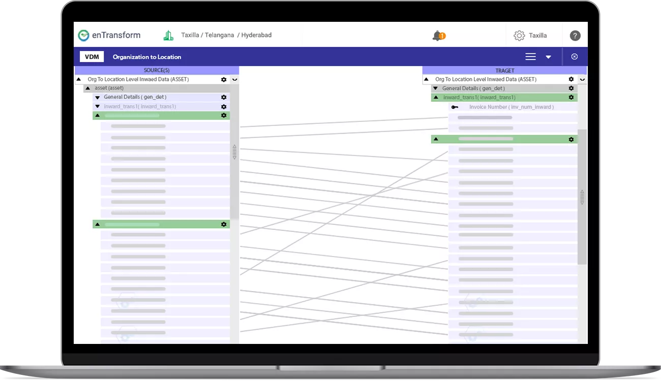 Taxilla's enTransform application screen with Visual Data Mapper to transform the data.